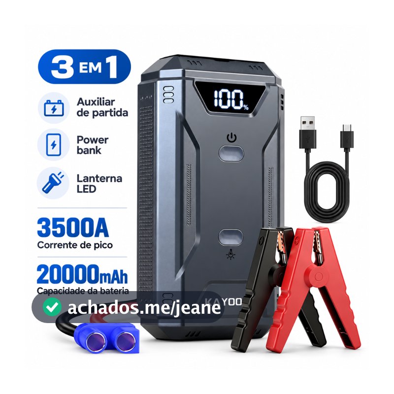 Auxiliar de Partida Veicular 3500A 20000mAh 12V Portátil Power Bank com Lanterna LED para Carro e Moto