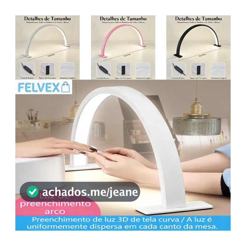 [FEL] Luminária Meia Lua Arco LED 75cm para Manicure Controle Manual Iluminação Completa Sem Sombra Salão Estética