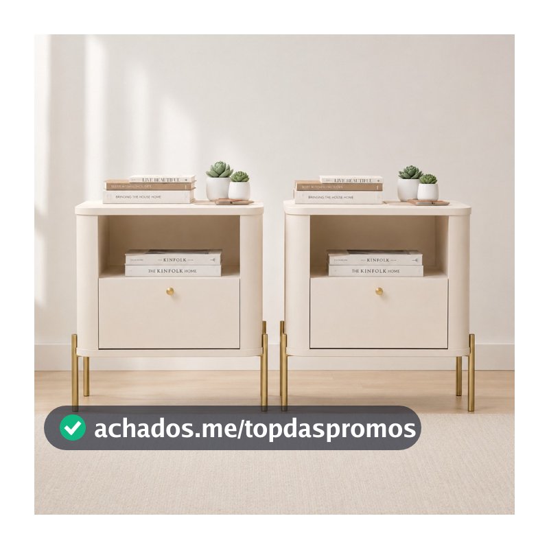Kit 2 Mesas de Cabeceira Tucupí MDF 15 mm com Cantos Arredondados e Pés em Metal Off White Dourado