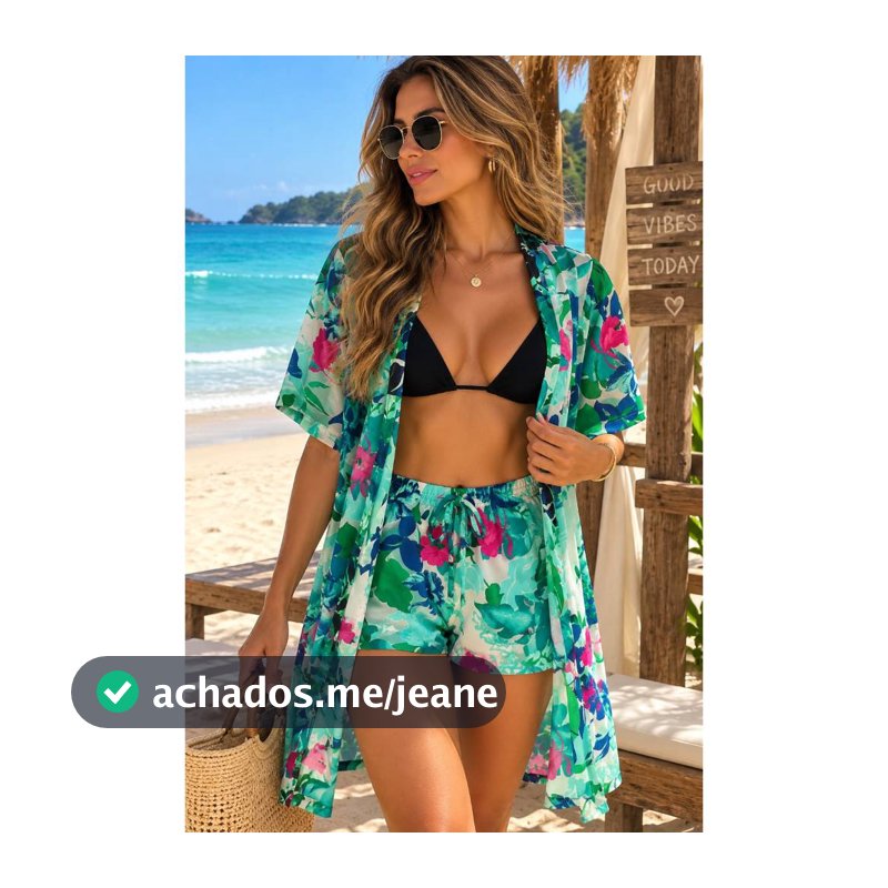 Conjunto Feminino Saída de Praia 2 Peças Tule Estampado Kimono e Short Verão