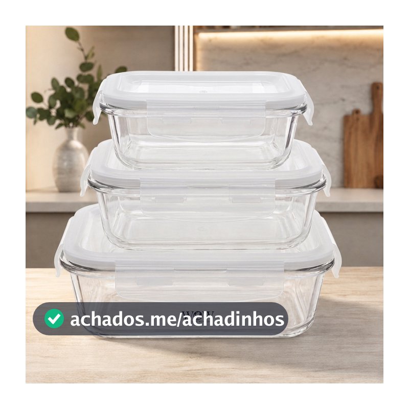 Kit 3 Potes De Vidro Hermético P, M e G Refratário