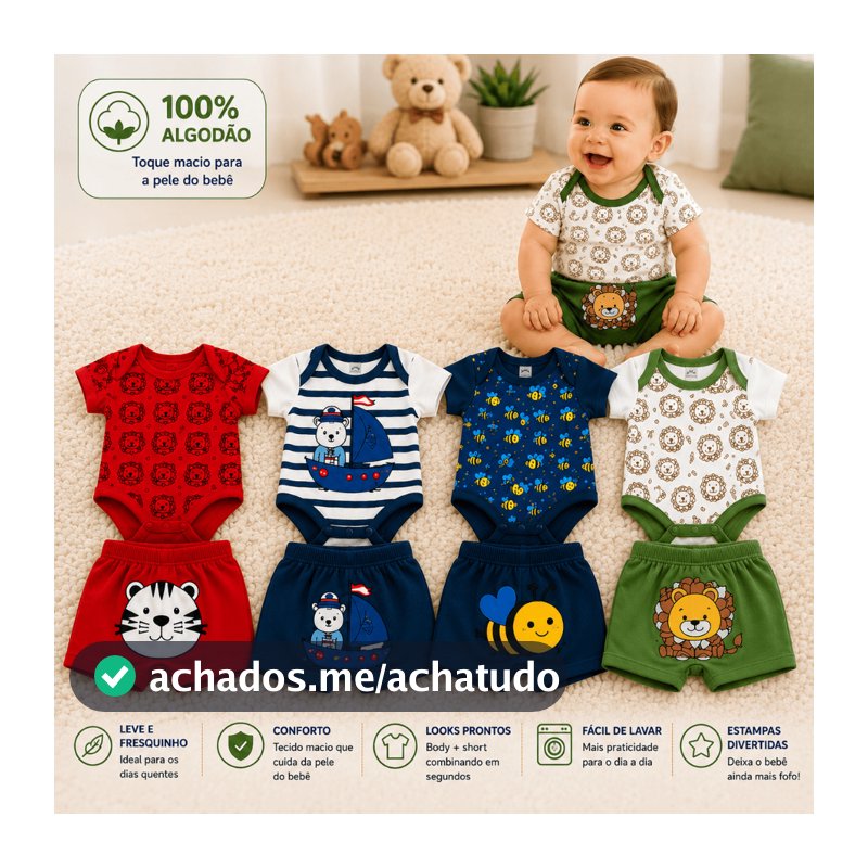 Kit Enxoval 6 Peças Body Bebê Infantil Menino Animado Estampado Bodie Short Mijão
