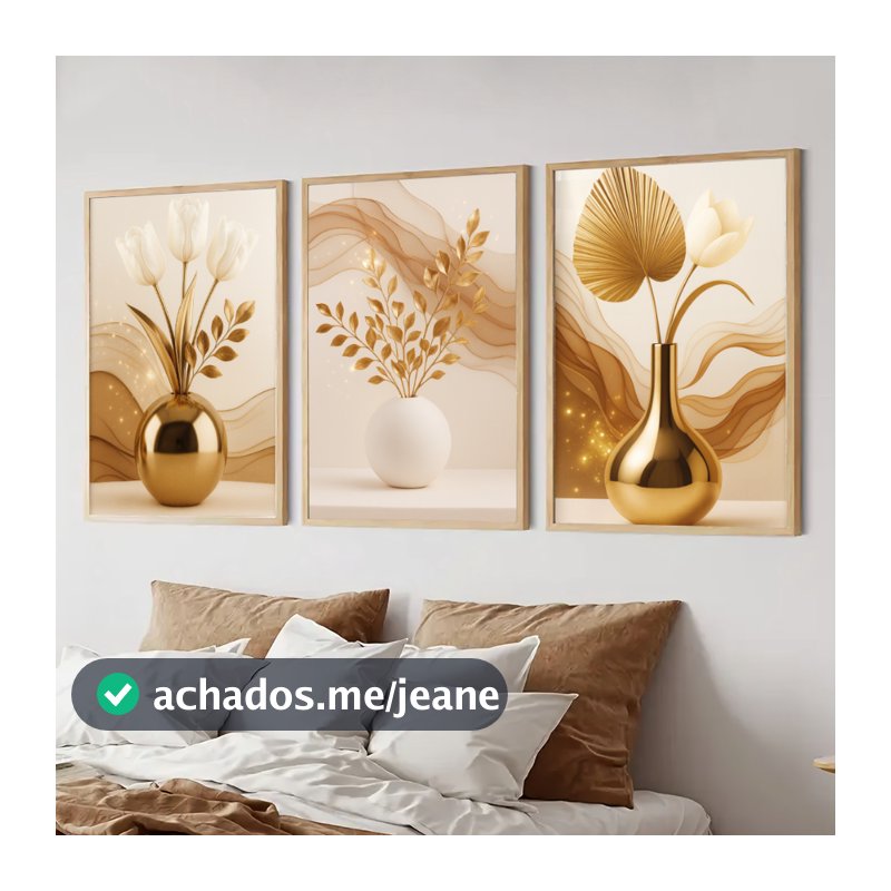 Kit 3 Quadros Decorativo 40x60 Moldura Grande Dourado Vaso Luxo