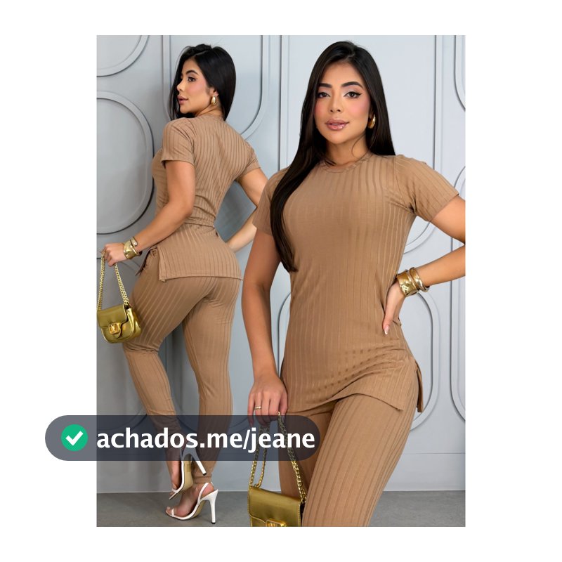 Conjunto Canelado Calça Com Bolso e Blusa Fenda Lateral Manga Curta Elegante Casual Premium