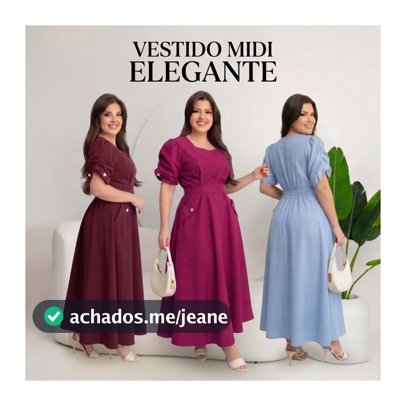 Vestido Midi Feminino Social Formal Twill Alfaiataria Gola Coração Elástico Costas Bolso Funcional Moda Modesta