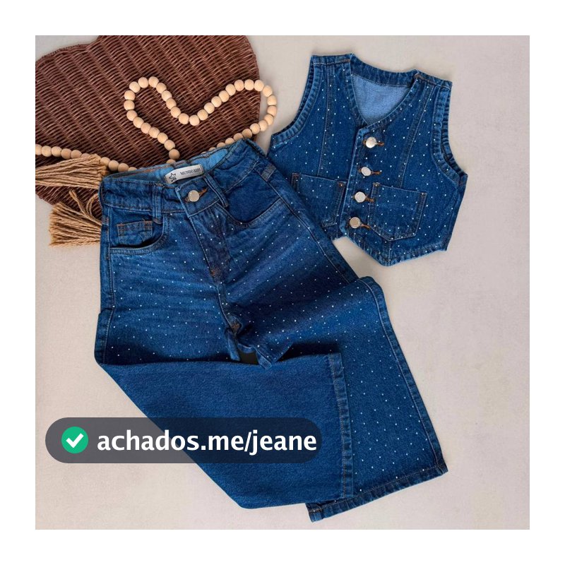 Conjunto Jeans Infantil Juvenil Menina Calça Wide Leg e Colete Fashion c/ Pedraria 4-14 anos
