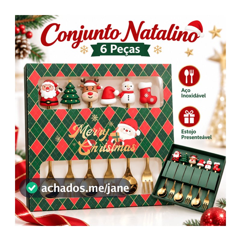 Kit Talheres de Natal 6 Peças Colher Garfo Sobremesa Aço Inox Dourado Papai Noel Mesa Posta Presente