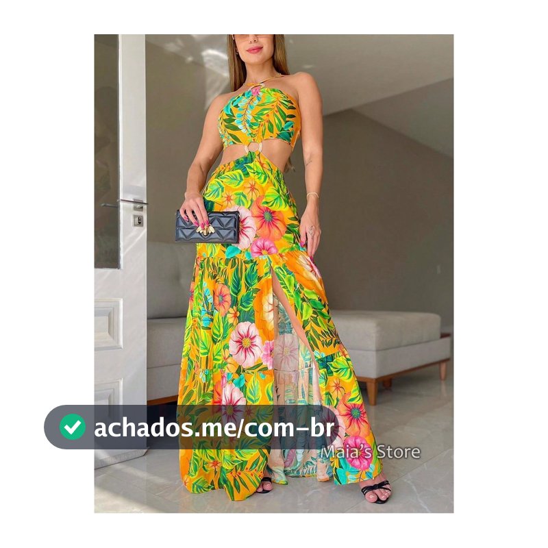 Vestido longo feminino fenda elegante e argola floral