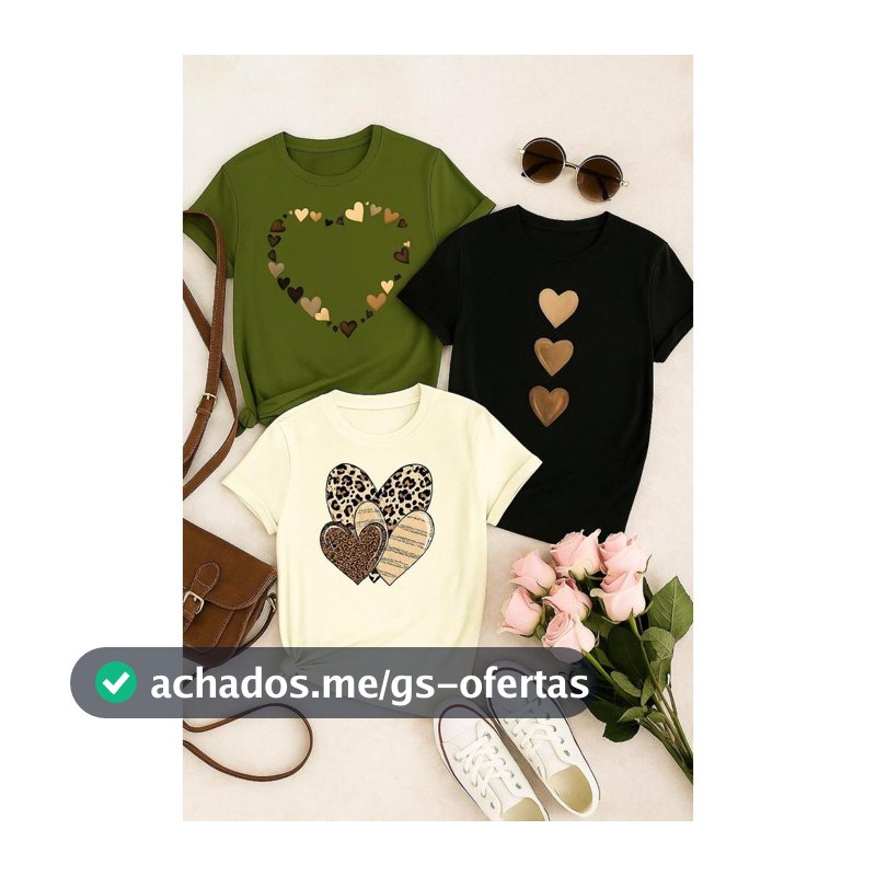 Kit 3 Blusas Femininas 100% Algodão – Confortáveis, Macias, Estampas de Coração, Casual e Moderna