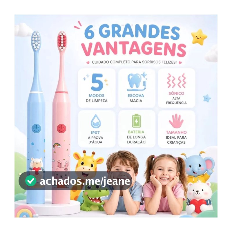 Escova de Dente Elétrica Infantil + 4 Refis Limpeza Suave Cerdas Macias à Prova D'Água Recarregável