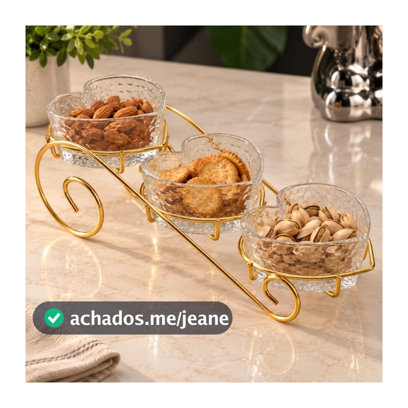 Porta Petiscos Coração 3 Bowls de Vidro com Suporte Dourado 30cm – Petisqueira de Mesa