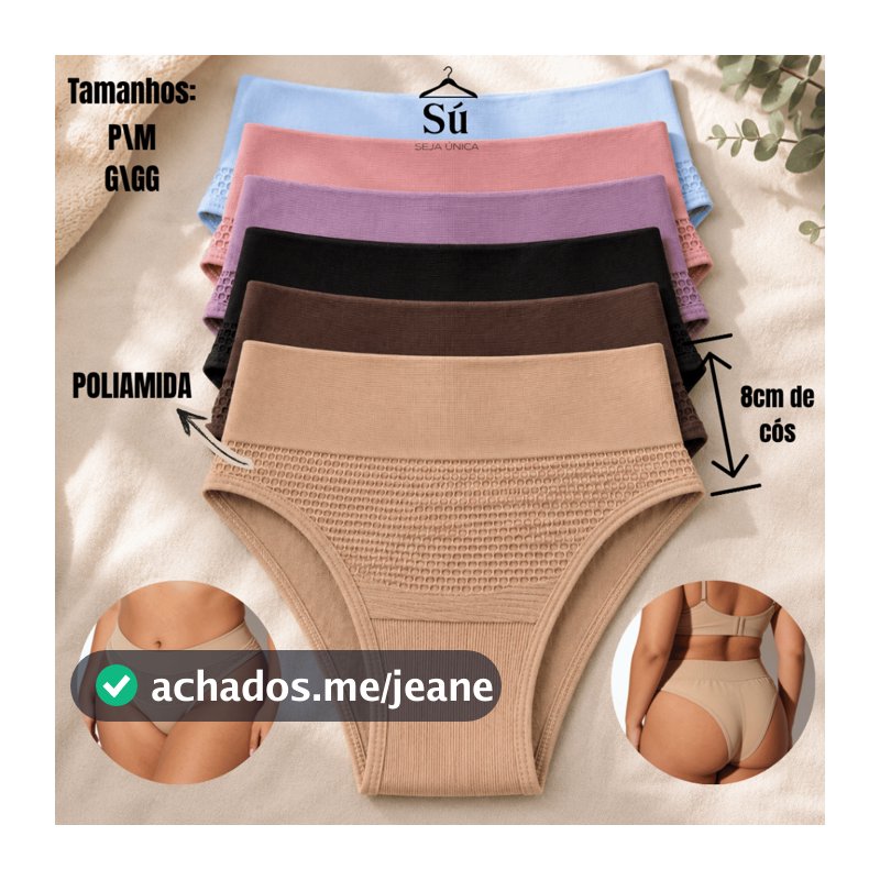 Kit 5 Calcinhas Conforto Feminina Cós Alto Duplo Poliamida Premium Não Marca