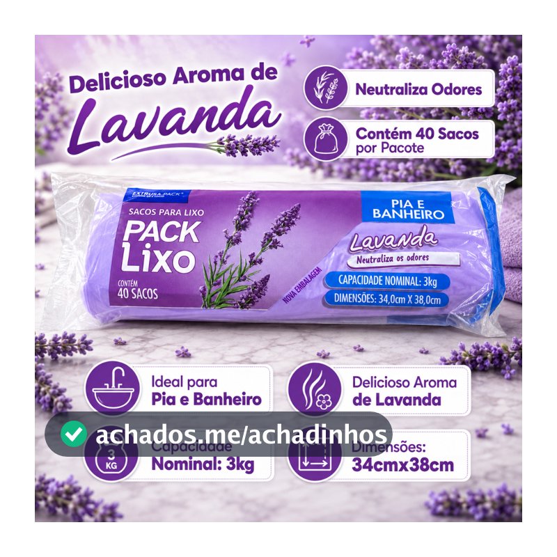 Pack Saco de Lixo Lavanda Pia e Banheiro 34x38cm Neutraliza Odores Material Resistente