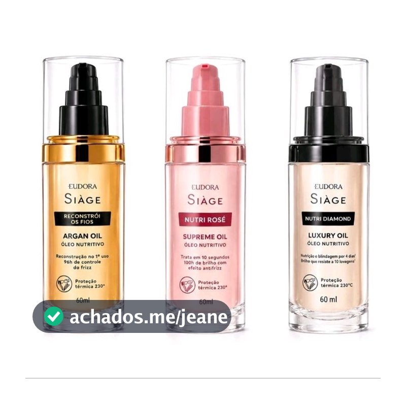 Siàge Óleo Capilar Supreme Oil Nutri Rosé ou Argan Oil Reconstrói os Fios 60ml Eudora
