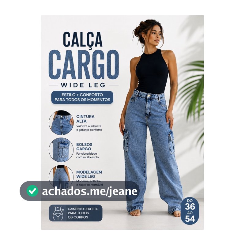 Calça Cargo Wide Leg Feminina Jeans Cintura Alta Sem Elastano Premium