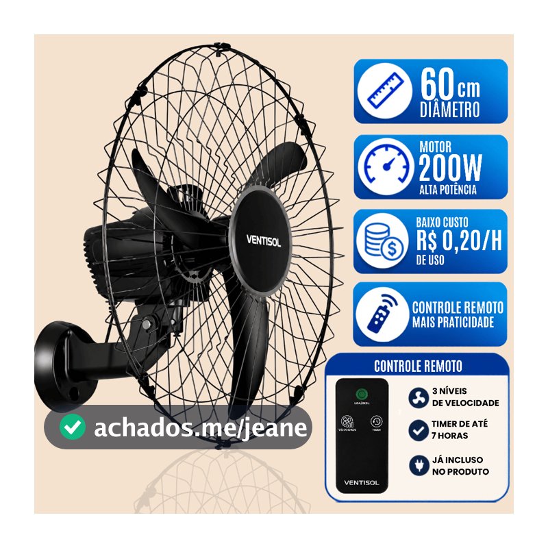Ventilador Parede 60cm Ventisol Max Control Controle Remoto Ideal Para Comércios Industrias