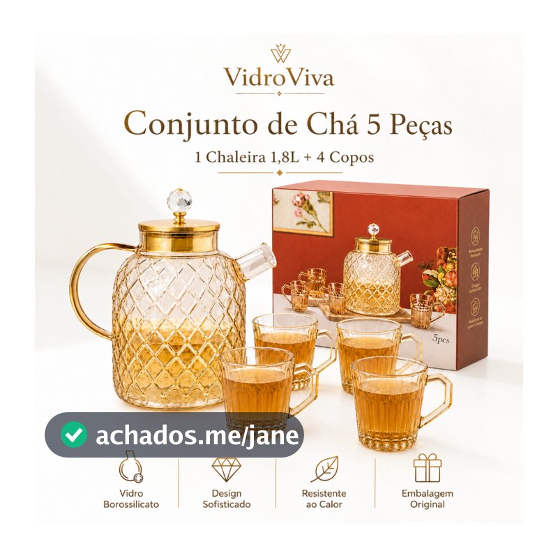 VidroViva Conjunto de Chá Vidro Âmbar 5 Peças | Chaleira 1,8L + 4 Copos 200ml para Café, Chá e Mesa Elegante