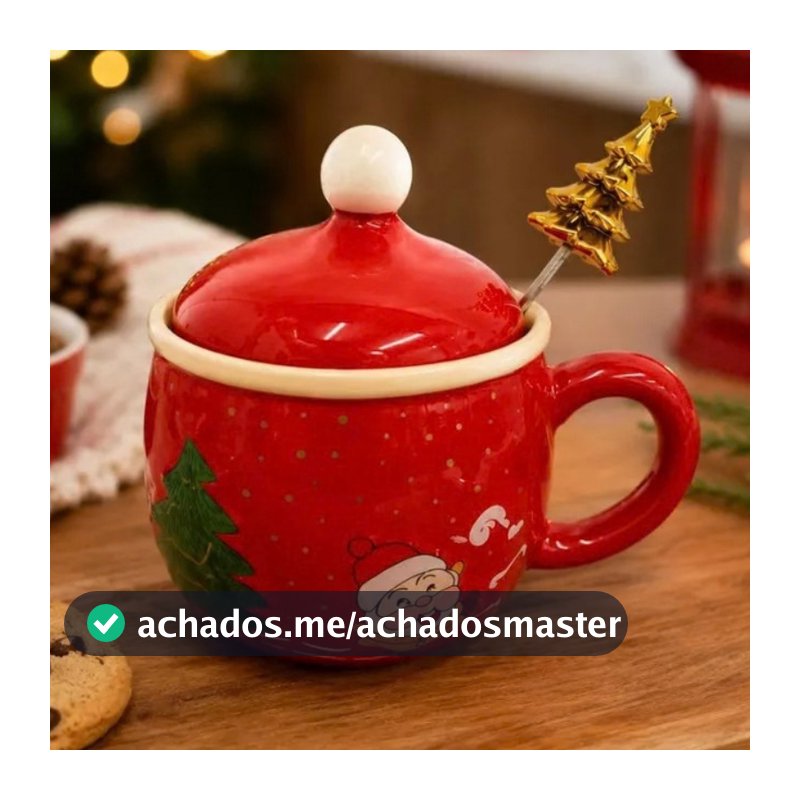 Caneca  Papai Noel em Cerâmica C/ Tampa e Colher 400ml - Natal