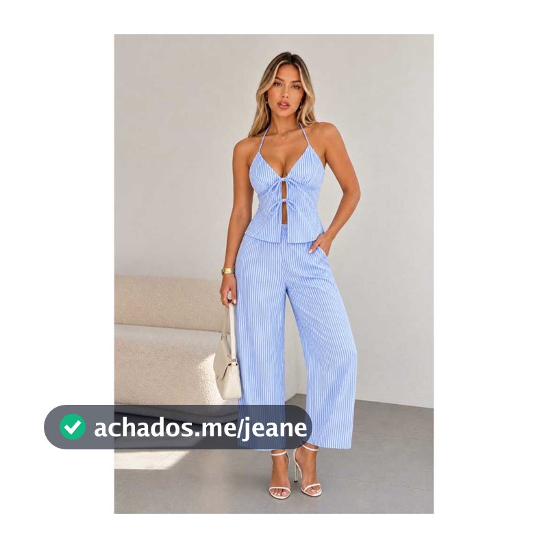 Conjunto Feminino  LISTRADO  Casual Calça E Blusa Cropped Alça Regulavel Calça  Forrado Tendencia Listras