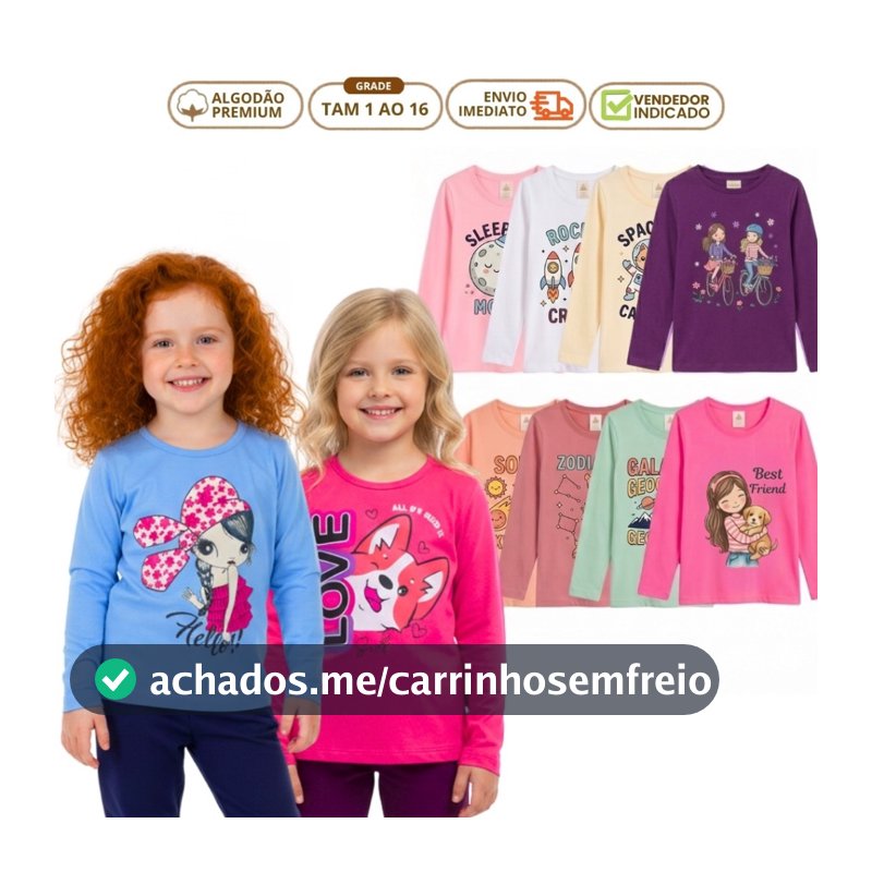 Kit 4 Blusa de Manga Longa Menina Camiseta Infantil Feminina Meia Estação Inverno Algodão 1 a 16 ano