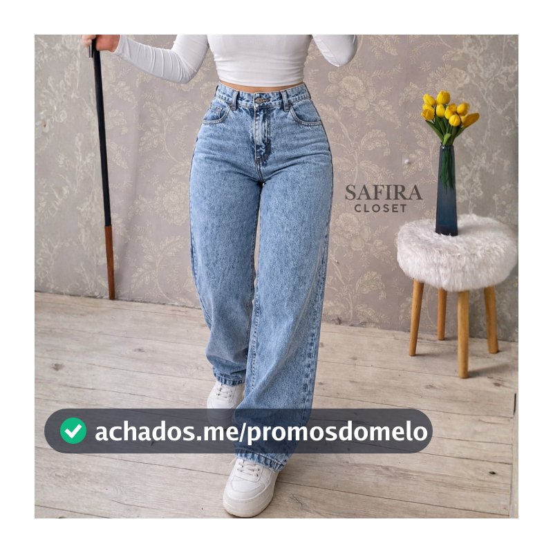 Calça Wide Leg Jeans Feminina Marmorizada Cintura Alta 100% Algodão Premium