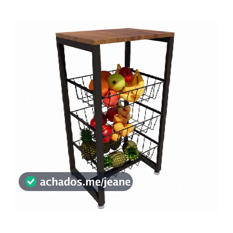 Fruteira 3 Cestos Cozinha Preta Em Aço Base Mdf Amadeirado