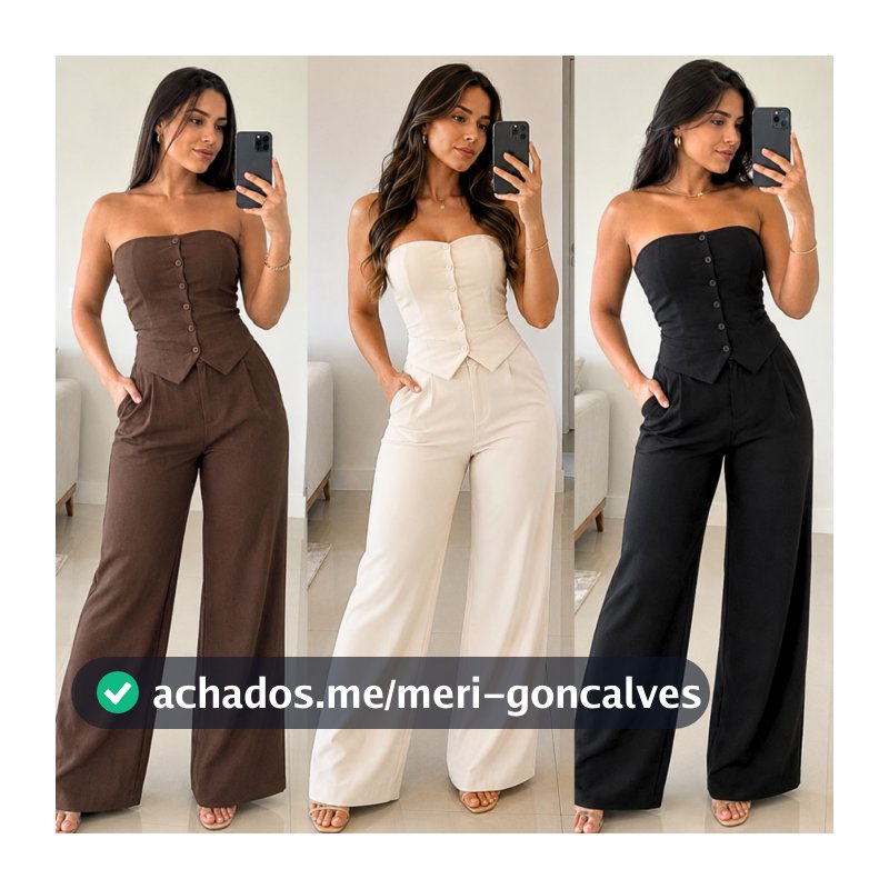Conjunto Alfaiataria Cropped Tomara que Caia Social Elegante Calça Pantalona Blusa Elástico Lastex Botão Verão Feminino