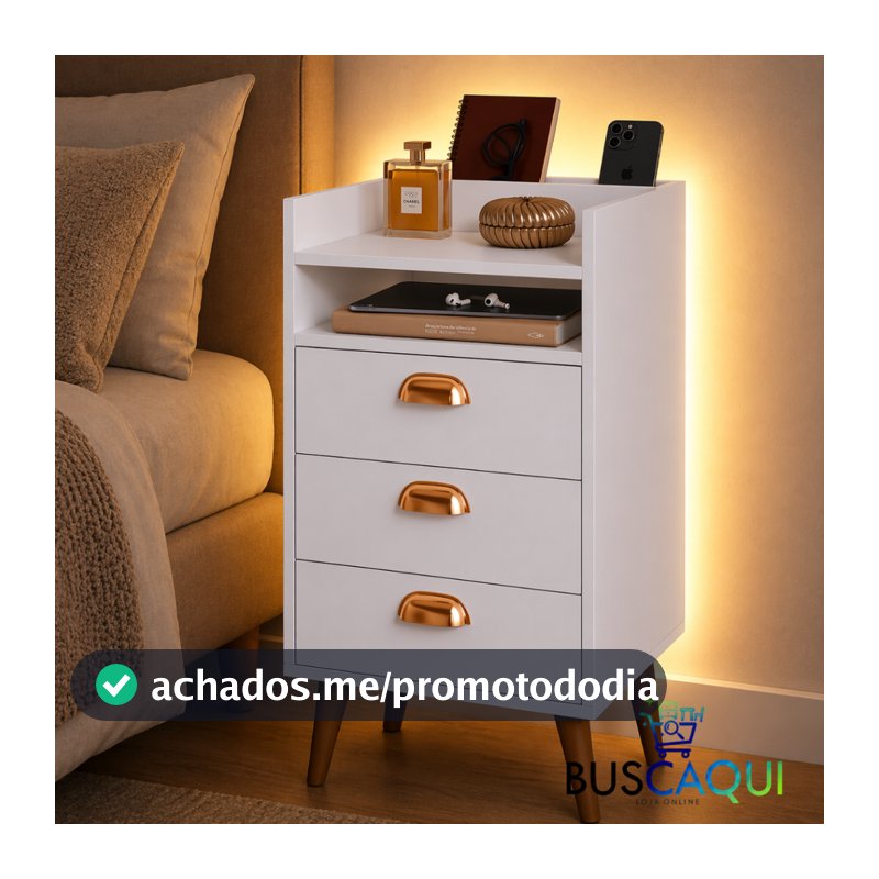 Mesa de Cabeceira Retrô 3 Gavetas Plus Organizadora Com Porta Celular Quarto Moderno Heloisa