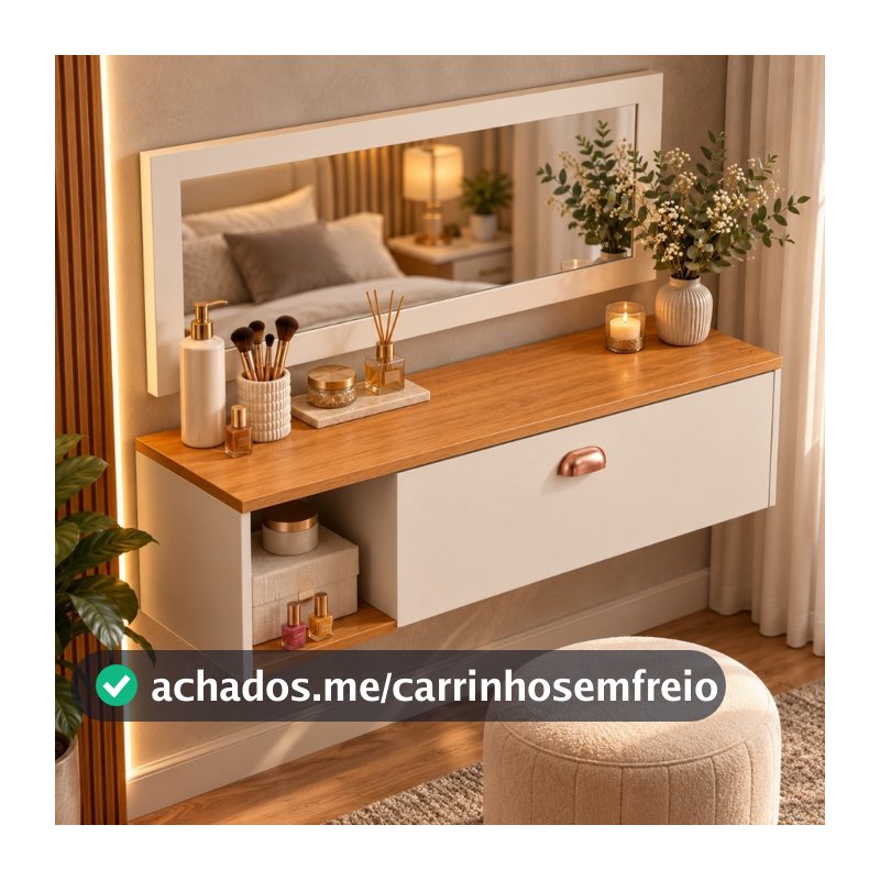 Penteadeira Makeup Camarim com Espelho Boca Rosa Joy Puxador Concha Gaveta Bancada Body Splash com nichos - Salao Quarto