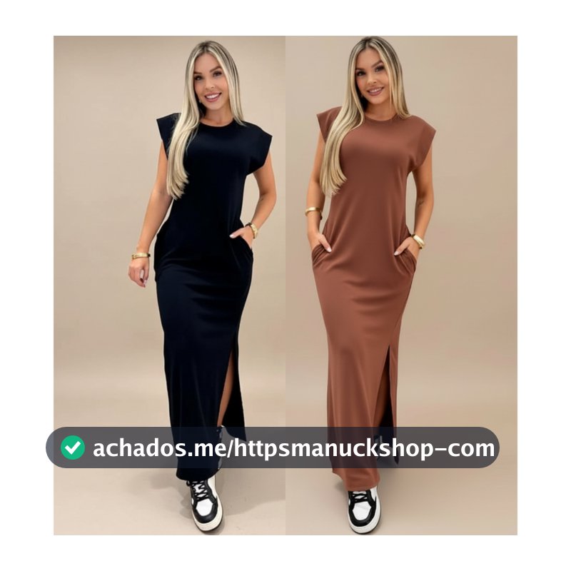 Vestido longo casual básico feminino ribana manga canelada muscle fashion gringa preto marrom