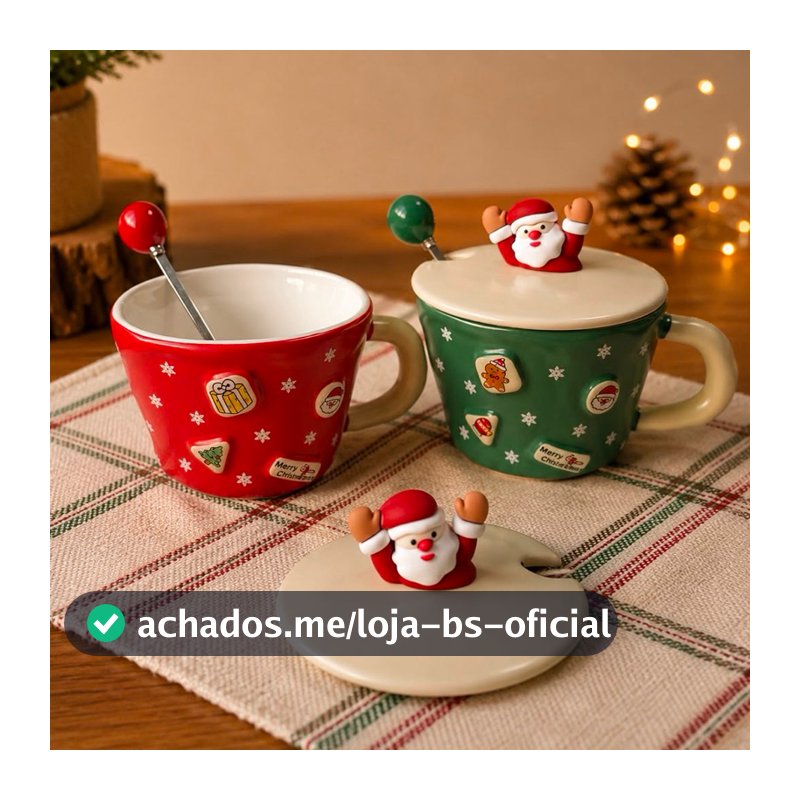 Caneca Com Tampa E Colher de Natal Xícara Natalina De Cerâmica 400ml Design Papai Noel