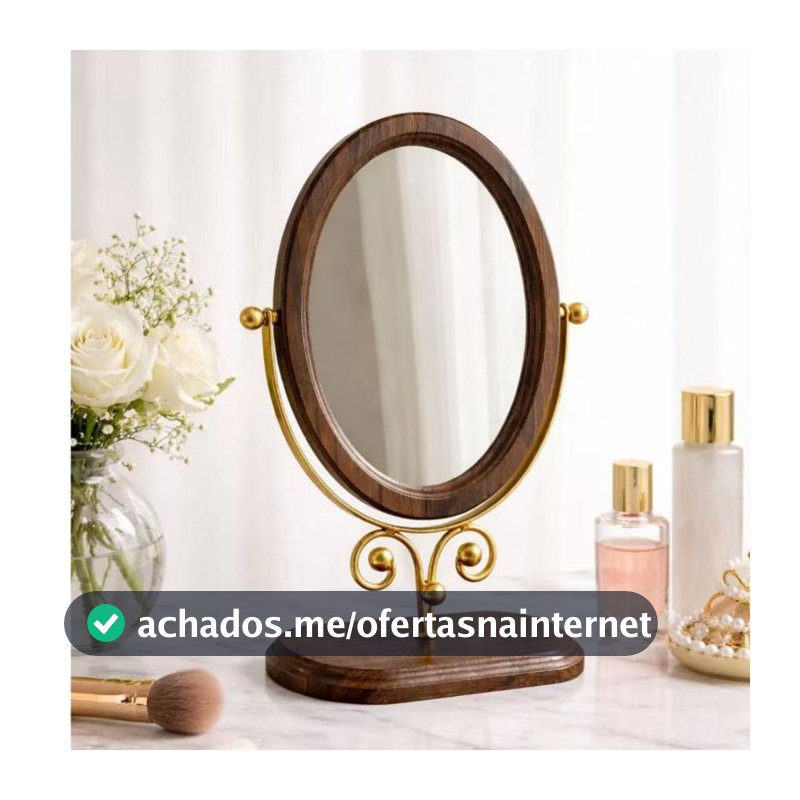 Espelho De Mesa Maquiagem Penteadeira Metal e Maderia Giratório Dourado 025-076