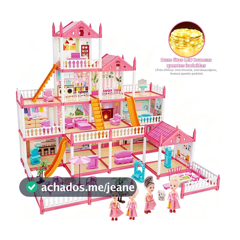 Casa de Boneca Princesa 4 Andares 14 Cômodos com Luz LED, 4 Bonecas, Escorregador e Móveis Completos Brinquedo Educativo