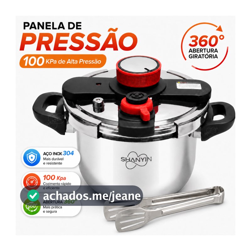 Panela de Pressão Inox 304 6 e 10 Litros 100kPa Cozinha Rápida para Indução e Gás com Pinça para alimentos Inox