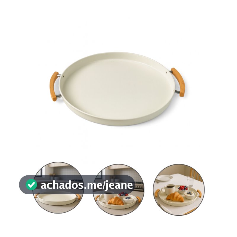 Bandeja Decorativa Multiuso Grande Para Servir Metal Redonda Reforçada Alça Em Bambu 36cm Linha Lumi Larumi