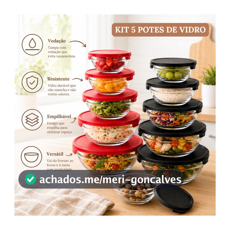 Kit 5 Potes de Vidro Hermético com Tampa Redondo Empilhável para Cozinha Marmitas Alimentos