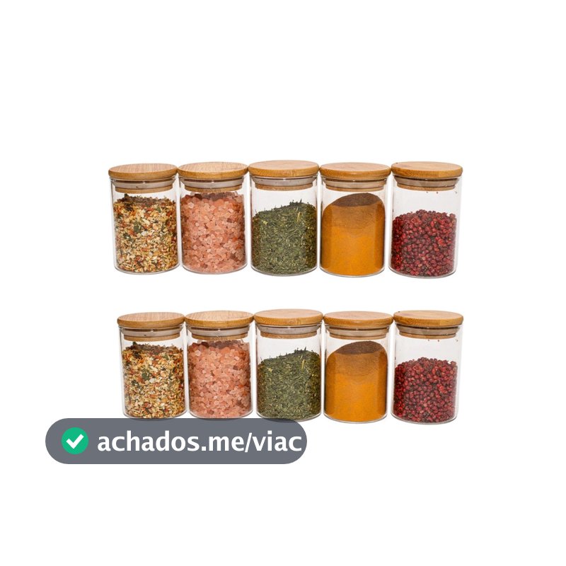 Kit 10 Potes De Vidro Condimentos 250ml Com Tampa De Bambu