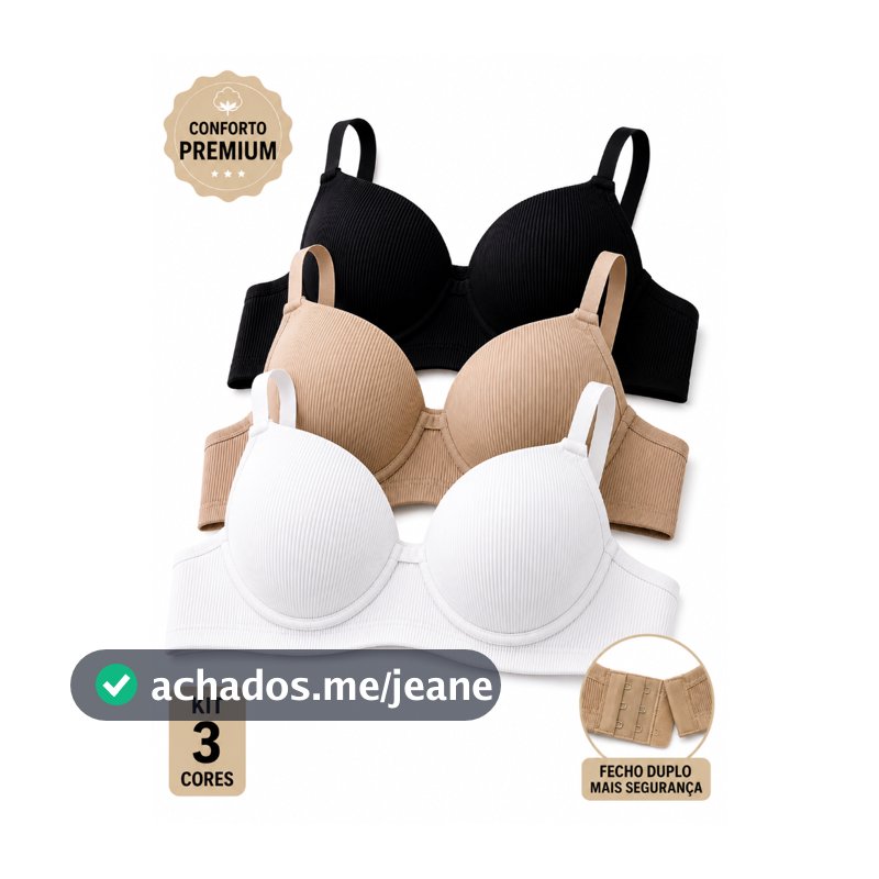 Kit 3 Sutiã Básico Reforçado Canelado Com Bojo Veste do P ao GG PROMOÇÃO
