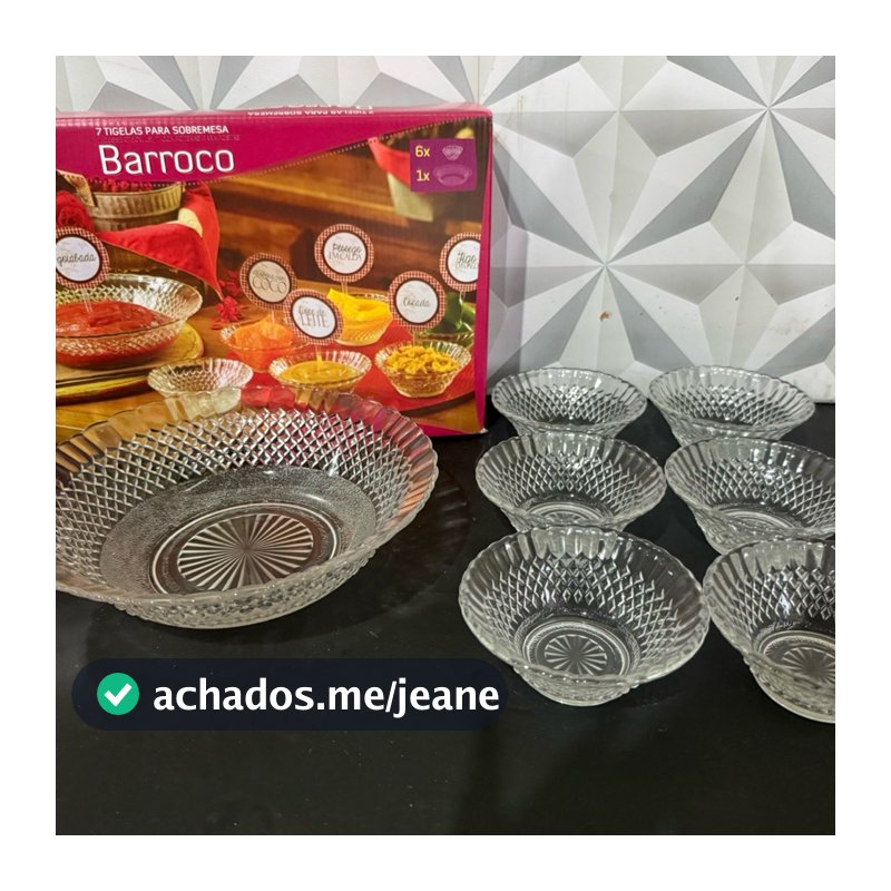 Jogo de sobremesa de vidro Barroco com 7 peças tigela para doce e potes para sobremesa sorvete bolo transparente kit jog