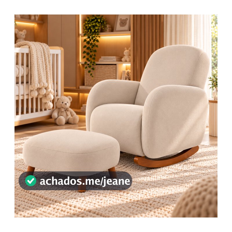 Poltrona Balanço Luxo Orgânica Boucle Bege ou Cinza com Puff para Sala Moderna