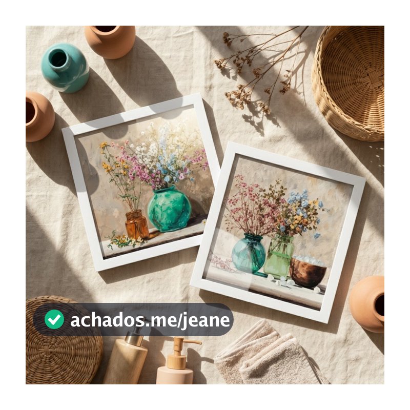 Kit 2 Quadros Flores Rústico Vintage Díptico 18x18 Decoração banheiro, lavabo, toalete Moldura Vidro