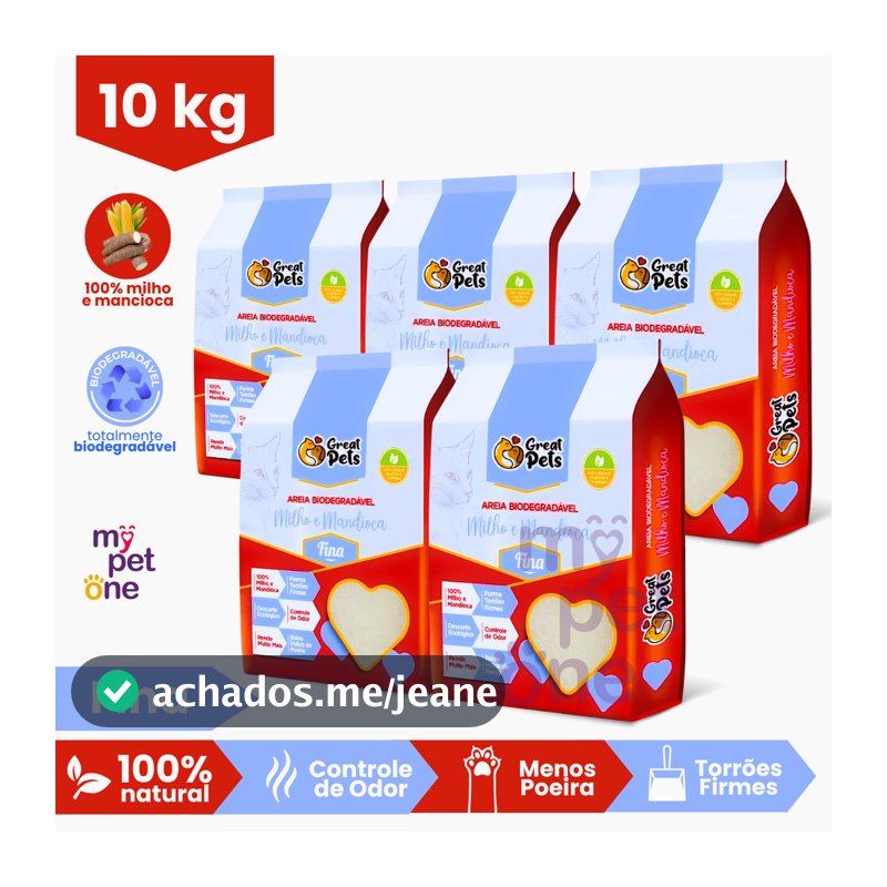 Kit 5 Areia Biodegradável Fina Great Pets - 2 Kg