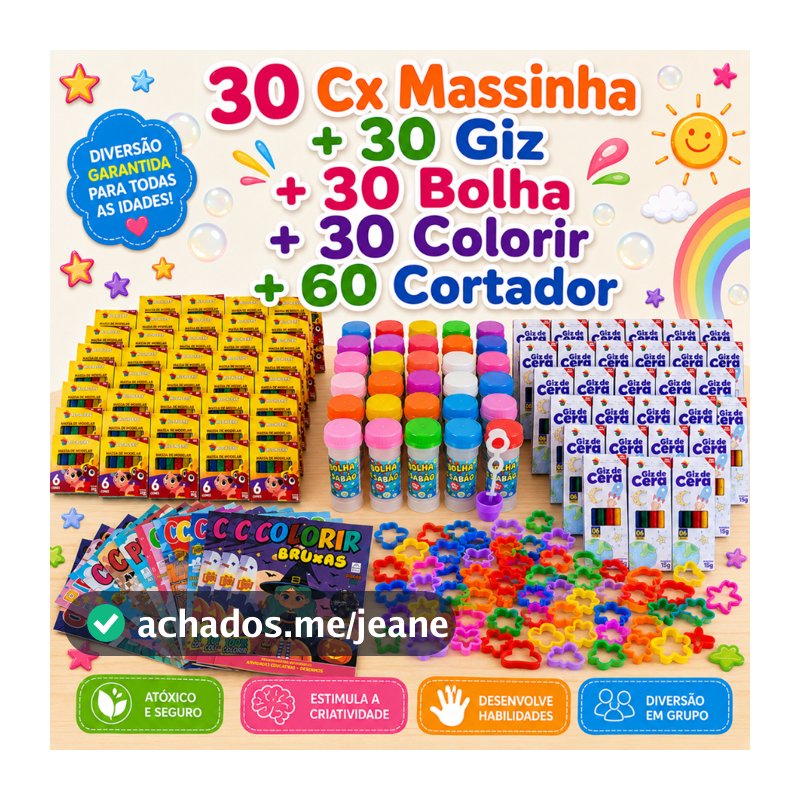 30 Cx Massinha Modelar + 30 Bolha Sabão + 30 Colorir + 60 Cortador + 30 Giz de Cera Lembrancinha