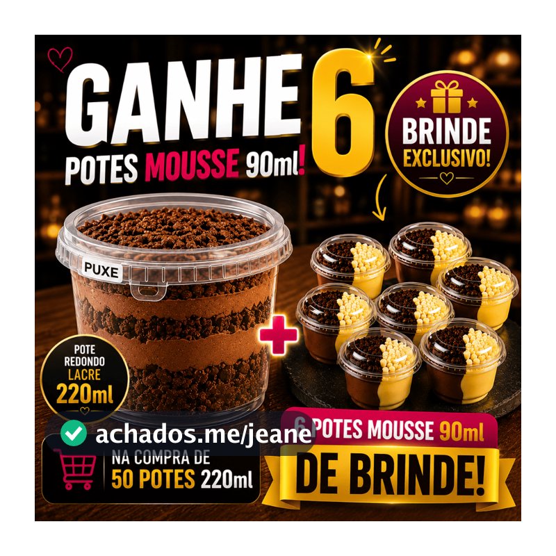 50 Potes Redondo 220ml Lacre Bolo No Pote + Brinde 6 Potinho Mousse 90ml Premium