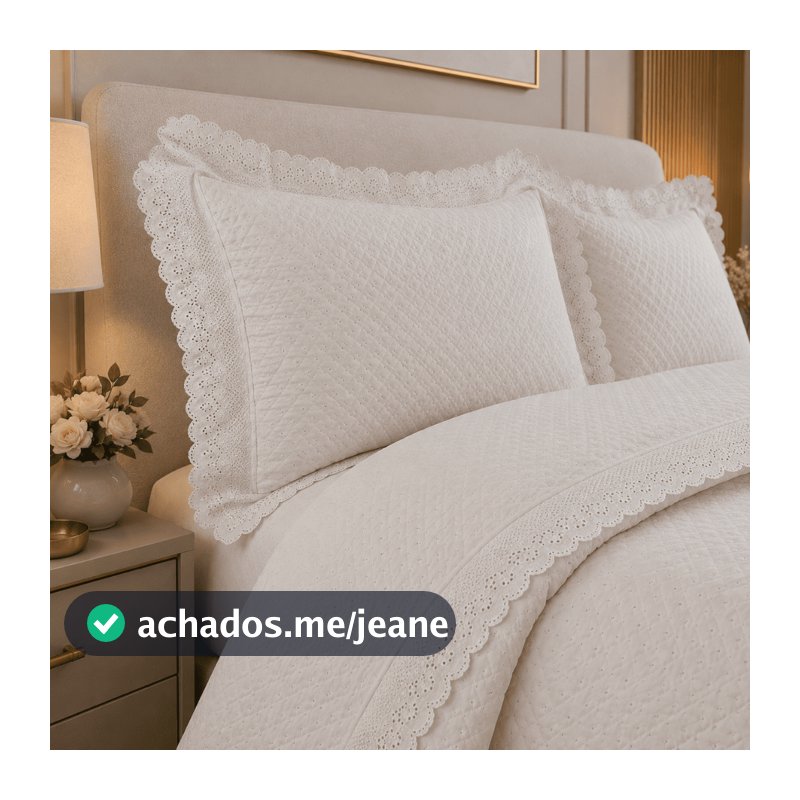 Jogo de Cama Cobre Leito Casal King 3 peças Colcha percal 300 Fios com Renda Bordada Lese Premium
