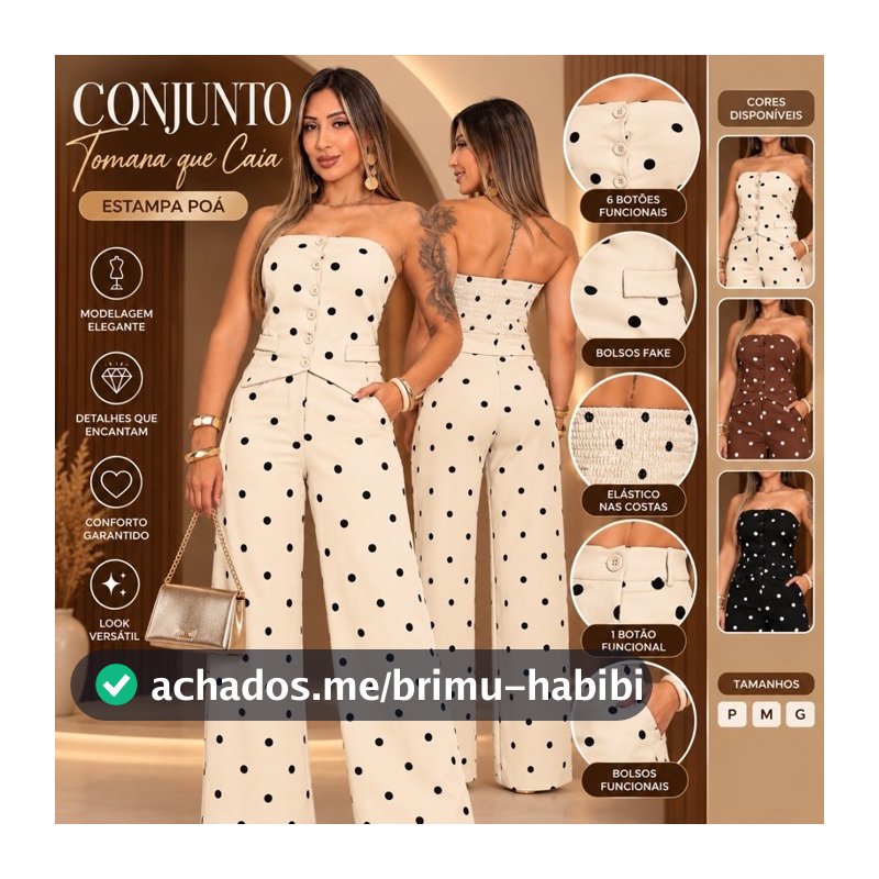 Conjunto Feminino Tomara que Caia Poá 6 Botões Calça Pantalona Elegante Moda Feminina