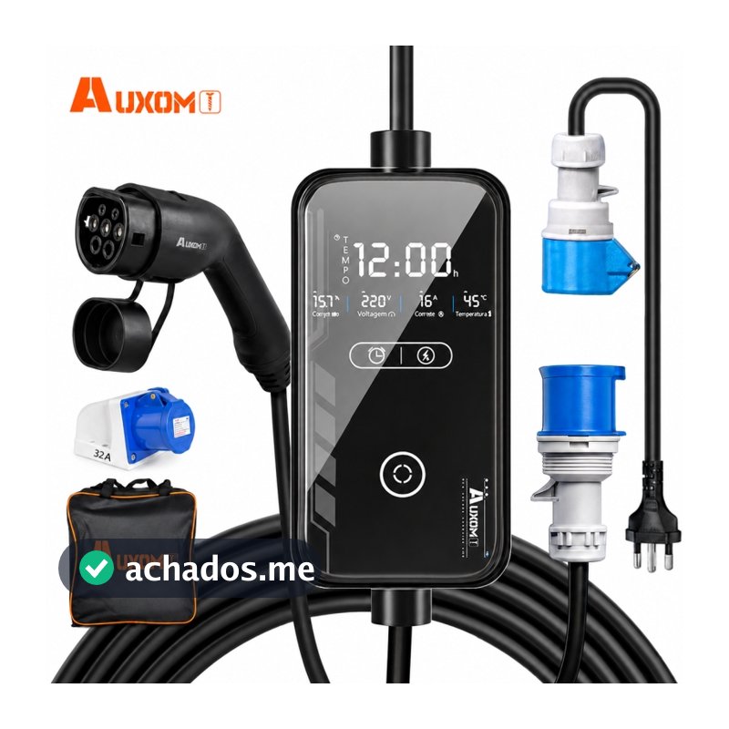 AUXOM Carregador Carro Elétrico Portátil 7kW 32A 220V Type 2 - 5 Níveis de Corrente Ajustável