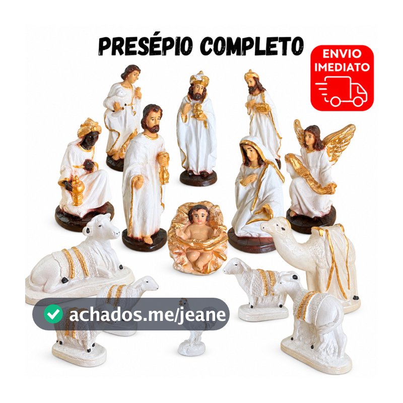 Presépio Natal 22cm Branco com Dourado 15 Peças Completo Decorativo Envio Imediato Lindo