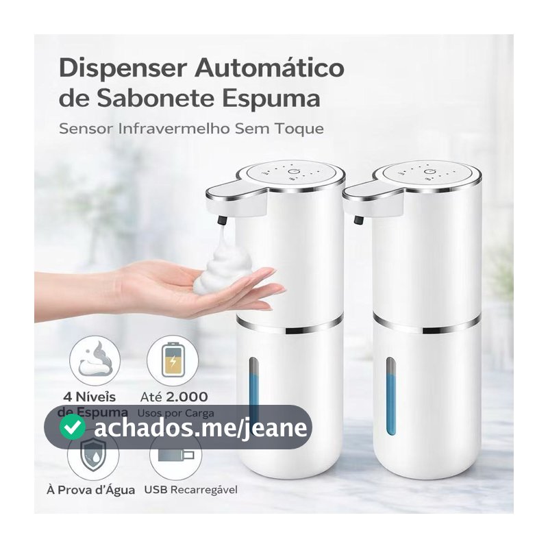 Dispenser Automático de Sabonete com Sensor Recarregável USB 380ML Preto ou Branco