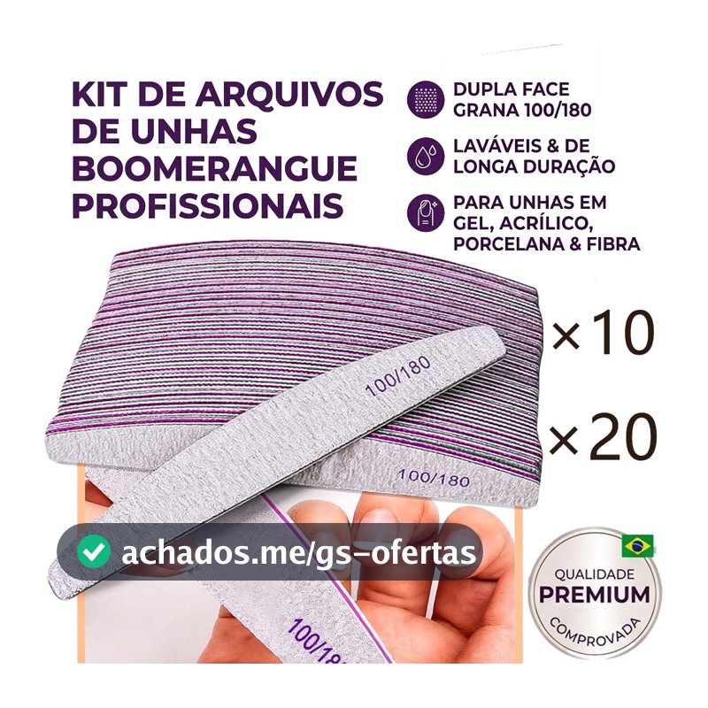 Kit 10 ou 20 Lixa Boomerang Lavável 100/180 Para Unhas Nail Acrigel Porcelana Fibra